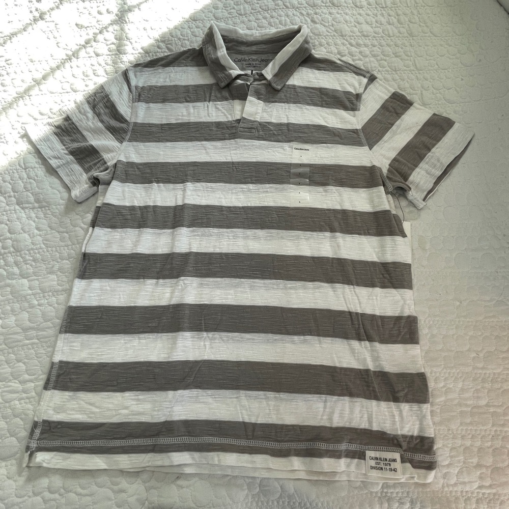 Calvin Klein Jeans Men Striped Polo Shirt Casual Short Sleeve Cotton Size‎ L - Picture 7 of 9